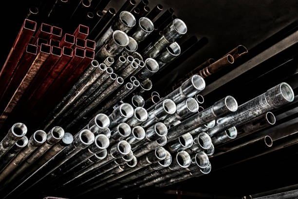 metall steal pipes, chrome, manufacturing stock photo