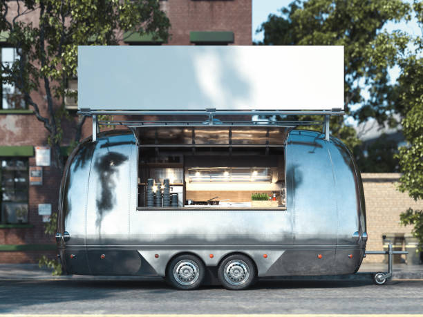 remolque de comida metálica en fondo de paisaje urbano con cartelera en blanco. representación 3d - food truck fotografías e imágenes de stock
