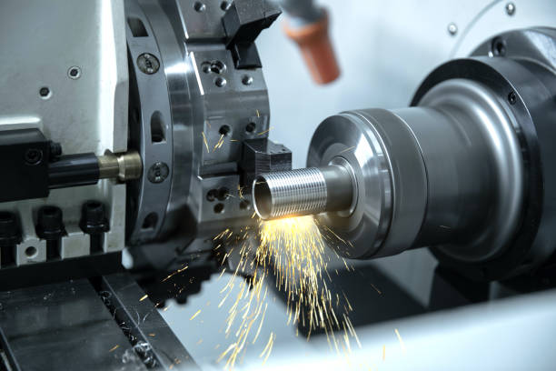 CNC metalwork and technology 4.0 concept Cutting tool metalworking in manufacturing process by machining. cnc machine stock pictures, royalty-free photos & images