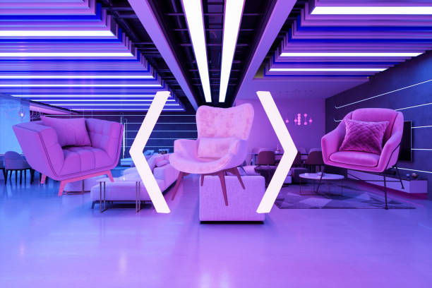 Metaverse And VR Concept. Augmented Reality Shopping In Furniture Showroom With Armchairs, Sofas, Chairs And Neon Lights stock photo
