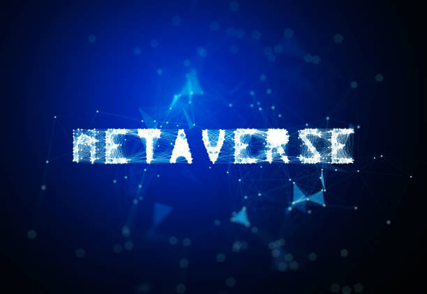 concepto de metaverso - texto de metaverso sentado sobre fondo tecnológico azul - metaverse fotografías e imágenes de stock