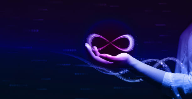Metaverse Technology concepts. Hand holding virtual reality infinity symbol.New generation technology.Global network technology and  innovation. stock photo