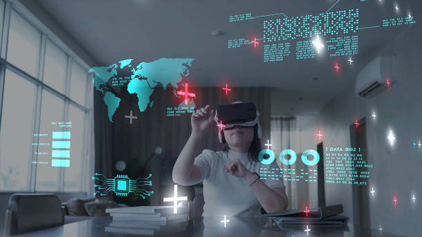 Metaverse VR virtual meeting conference, business office digital world technology AR augmented reality presentation work from home stock photo