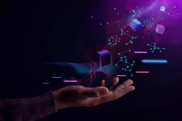 Metaverse, Web3 and Blockchain Technology Concepts. Opened Hand Levitating Virtual Objects. Futuristic Tone stock photo