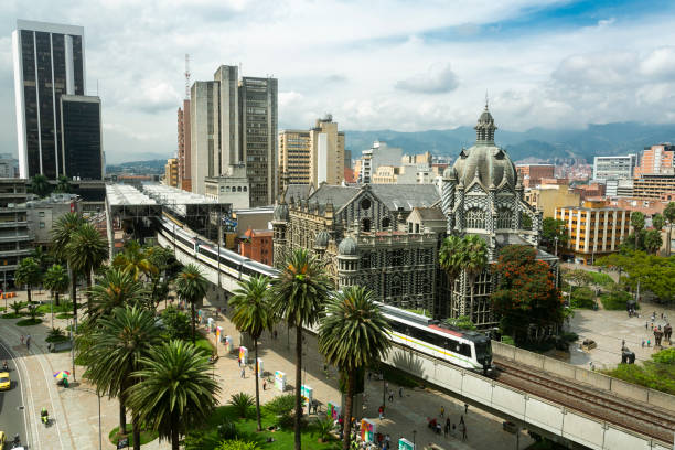 Metro de Medellín is the name given to the metro-type mass transportation system that directly serves the city and its surrounding municipalities stock photo