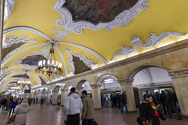 Metro station Komsomolskaya is great monument of Soviet era. stock photo