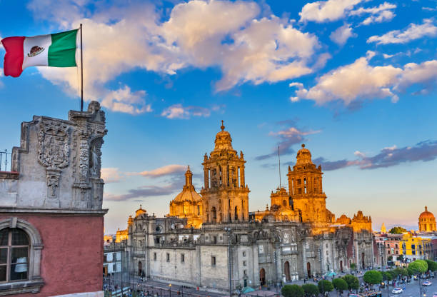 Mexican Flag Metropolitan Cathedral Zocalo Mexico City Mexico stock photo