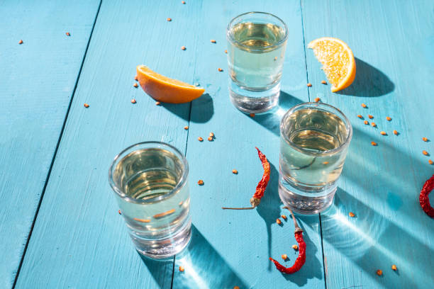 Mexican mezcal shots with slice of orange fruit stock photo