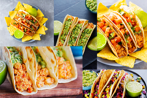 Mexican tacos collage. Mexican food collage with various tacos. Hispanic food collage