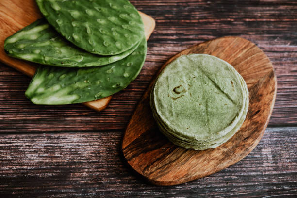 Mexican tortillas made with nopales in color green healthy vegan and organic food in Mexico stock photo