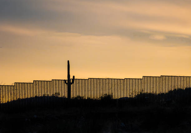 US -Mexico border wall at sunset with iconic saguaro cactus stock photo