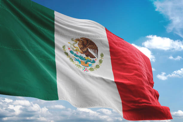 Mexico flag waving cloudy sky background Mexico flag waving cloudy sky background realistic 3d illustration mexican independence day stock pictures, royalty-free photos & images