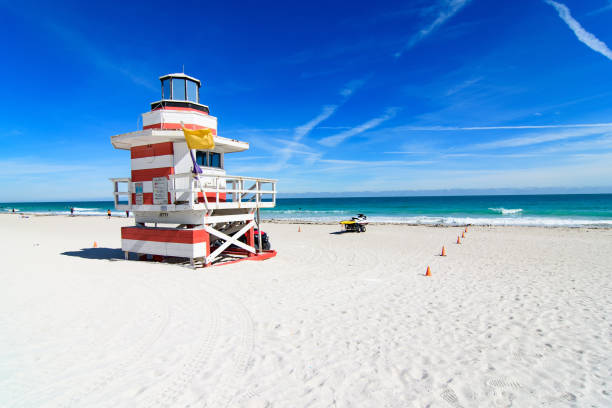 Miami Beach jetty lifeguard station stock photo