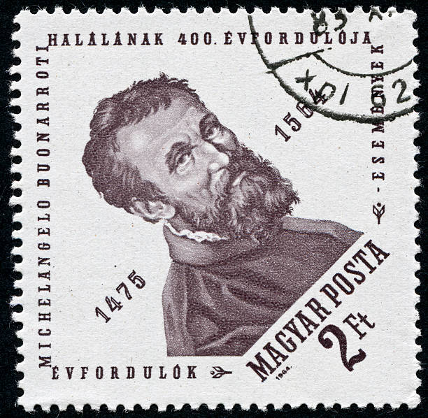 Michelangelo Stamp "Cancelled Stamp From Hungary Featuring The Artist, Michelangelo." michelangelo artist stock pictures, royalty-free photos & images