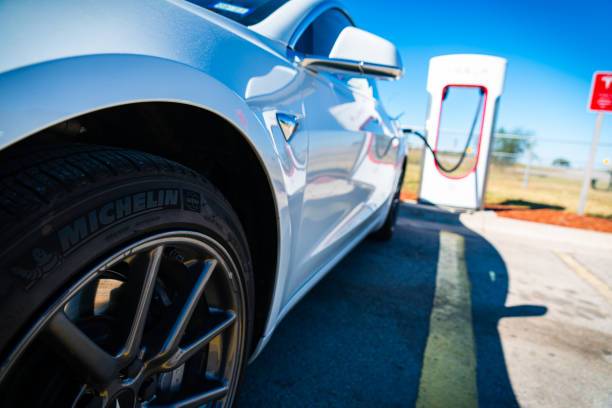 Michelin Tires on a Tesla Model 3 stock photo