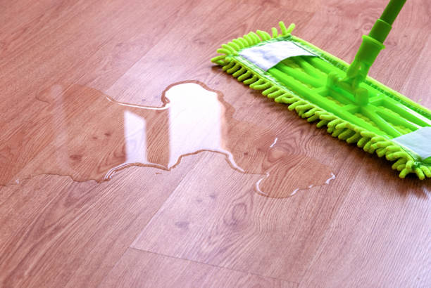 microfiber mop wiping puddle of water on laminate floor stock photo