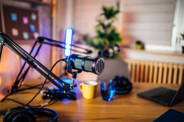 Microphone in podcast studio stock photo