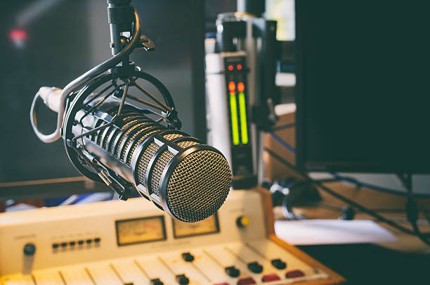 microphone in radio studio stock photo