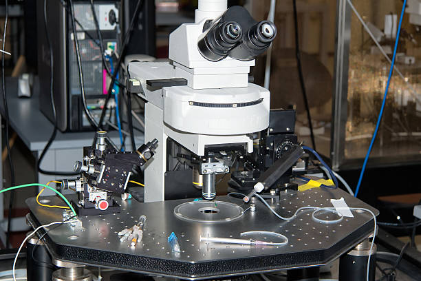 Microscope for electrophysiology laboratory stock photo