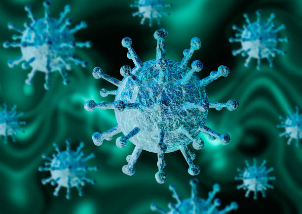 microscopic magnification of coronavirus that causes flu and chronic pneumonia leading to death stock photo