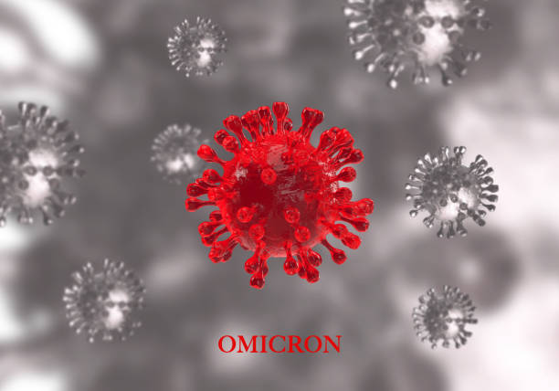 visão microscópica da variante omicron covid-19 ou b.1.1.529, variante de preocupação. - ômicron - fotografias e filmes do acervo