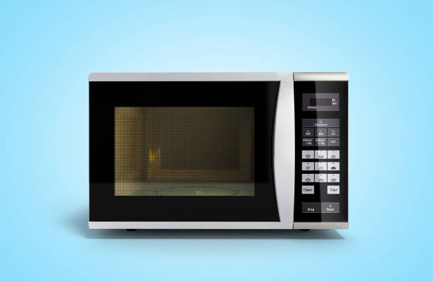 Microwave stove on blue gradient background 3d render Microwave stove on blue gradient background 3d render microwave stock pictures, royalty-free photos & images