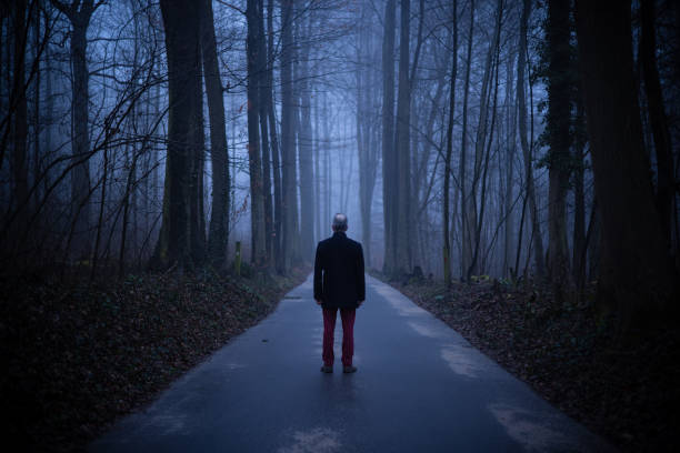 Middle aged man alone in misty forest, lonely and abandoned in gloomy atmospheric mood stock photo