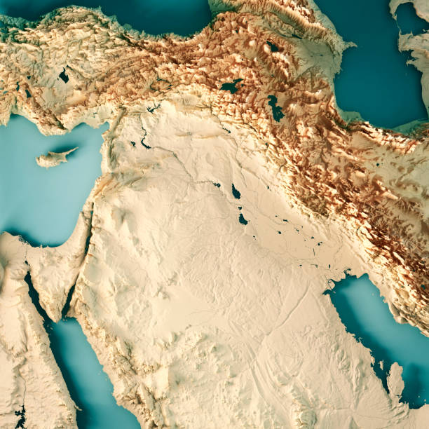 Middle East Syria Iraq 3D Render Topographic Map Color 3D Render of a Topographic Map of the Middle East region including Syria and Iraq.
All source data is in the public domain.
Color texture and Rivers: Made with Natural Earth. 
http://www.naturalearthdata.com/downloads/10m-raster-data/10m-cross-blend-hypso/
http://www.naturalearthdata.com/downloads/10m-physical-vectors/
Relief texture: SRTM data courtesy of USGS. URL of source image: 
https://e4ftl01.cr.usgs.gov//MODV6_Dal_D/SRTM/SRTMGL1.003/2000.02.11/
Water texture: HIU World Water Body Limits:
http://geonode.state.gov/layers/?limit=100&offset=0&title__icontains=World%20Water%20Body%20Limits%20Detailed%202017Mar30 jordan middle east stock pictures, royalty-free photos & images