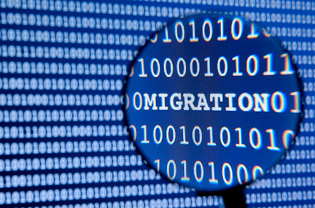 Migration Concept A magnifying glass in front of an illuminated blue tinted computer screen full of rows of programming code with the word migration. animal migration stock pictures, royalty-free photos & images