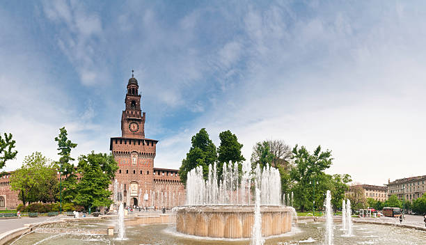 Milan Castello Sforzesco fountains stock photo