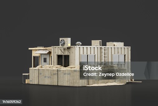 istock Military hut and encampment, military base, 3d rendering 1416059262