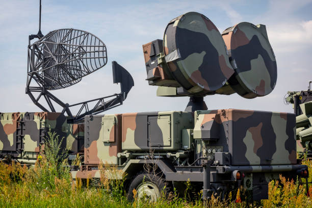 Military radar on the airfield Military radar on the airfield defense industry stock pictures, royalty-free photos & images