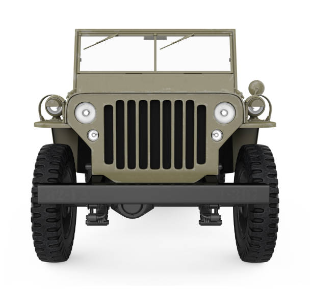 militaire geïsoleerde auto van het voertuig - front view old jeep stockfoto's en -beelden