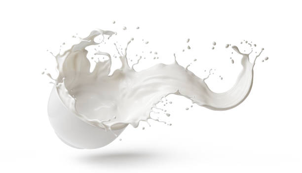 Milk Pouring and splash form White Bowl, isolated on white background, 3d rendering. stock photo