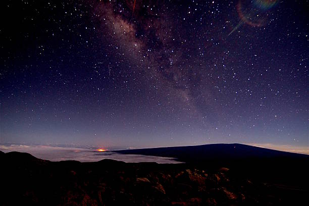 Milky Way and Volcano glow in the Distance Milky Way over Mauna Loa with Starsand Volcano in the Distance at night from Mauna Kea, Observatory mauna kea stock pictures, royalty-free photos & images