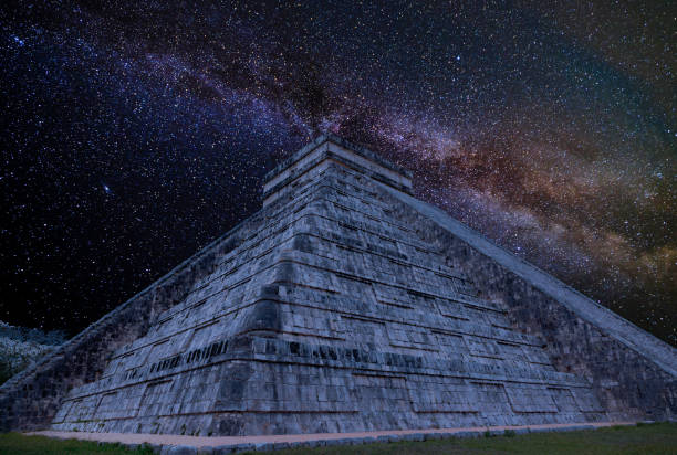 Milky Way at Chichen Itza in Mexico stock photo