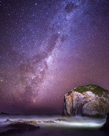 Milky way galaxy night scene over coastal rock formations at horse head rock, Australia