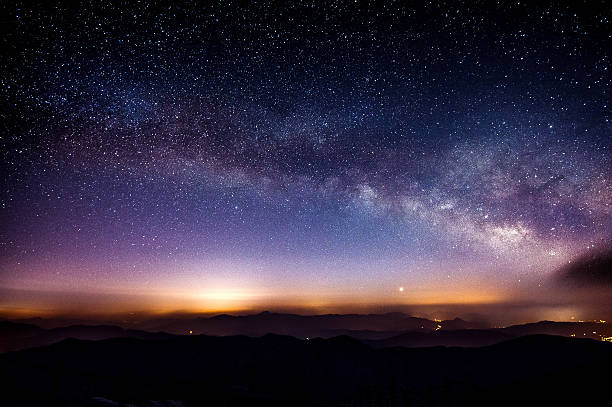 Milky Way Galaxy over Mountain at Night, Deogyusan mountain. stock photo