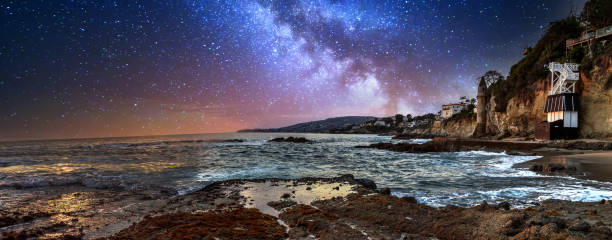 Milky way over Pirates tower at Victoria Beach stock photo