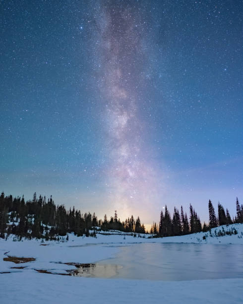 Milky Way Over Snowy Tipsoo Lake stock photo