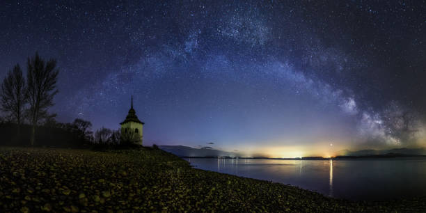 Milky Way over the Church of the Virgin Mary at Liptovska Mara beautiful Slovak unspoilt nature, a wonderful destination for vacation and relaxation mary mara stock pictures, royalty-free photos & images