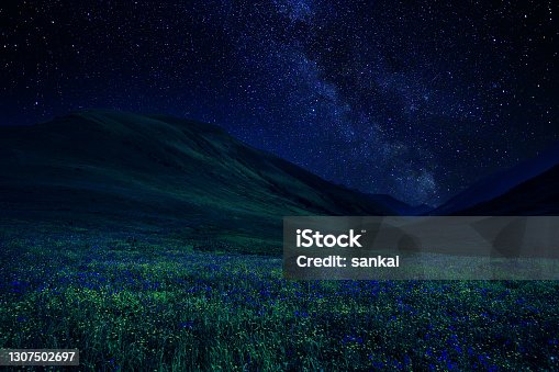 istock Milky way over the valley in the mountains 1307502697