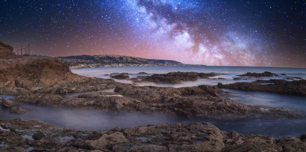 Milky way shimmers over the ocean water stock photo