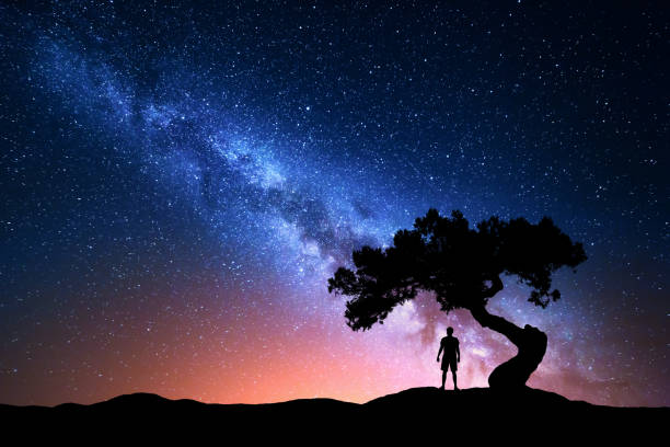 Photo of Milky Way, tree and silhouette of alone man. Night landscape