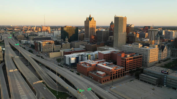 Milwaukee, Wisconsin / United States of America - July 14 2020:  Aerial view of downtown of Milwaukee, Wisconsin Milwaukee, Wisconsin / United States of America - July 14 2020:  Aerial view of downtown of Milwaukee, Wisconsin milwaukee shooting stock pictures, royalty-free photos & images