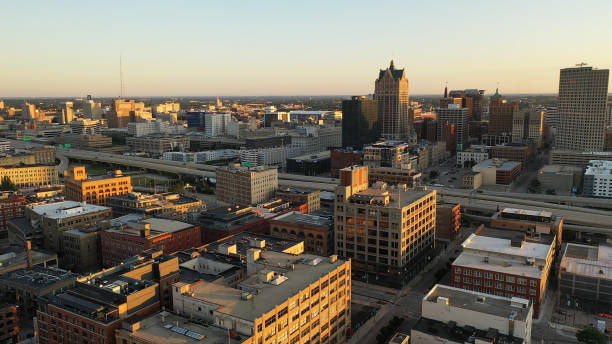 Milwaukee, Wisconsin / United States of America - July 14 2020:  Aerial view of downtown of Milwaukee, Wisconsin Milwaukee, Wisconsin / United States of America - July 14 2020:  Aerial view of downtown of Milwaukee, Wisconsin milwaukee shooting stock pictures, royalty-free photos & images