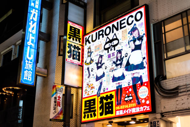 Minami Namba famous street night and sign for kuroneco black cat maid cafe Osaka, Japan - April 13, 2019: Minami Namba famous street with dark night and illuminated buildings sign for kuroneco black cat maid cafe french maid outfit stock pictures, royalty-free photos & images
