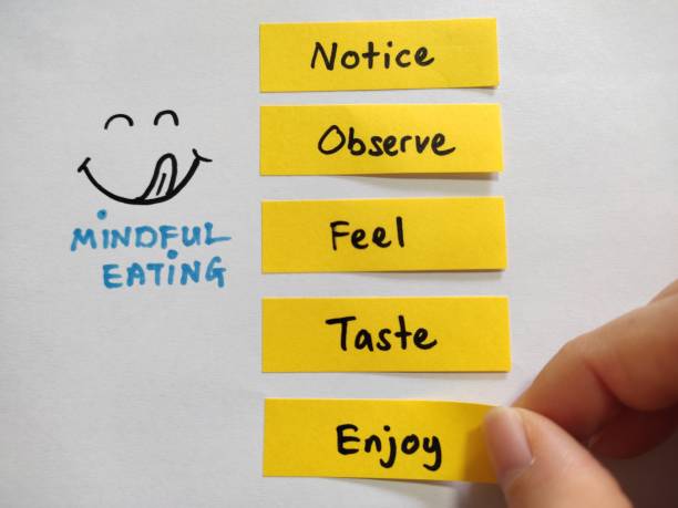 Mindful eating concept. Mindfulness lifestyle. Tips for mindful eating, notice, observe, feel, taste and enjoy food stock photo