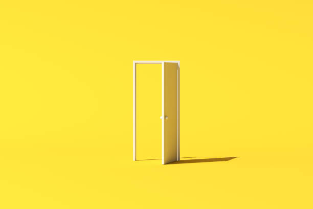 Minimal conceptual scene of a white door on yellow background. 3D rendering. stock photo