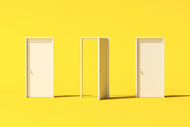 Minimal conceptual scene of three white door on yellow background. 3D rendering. stock photo